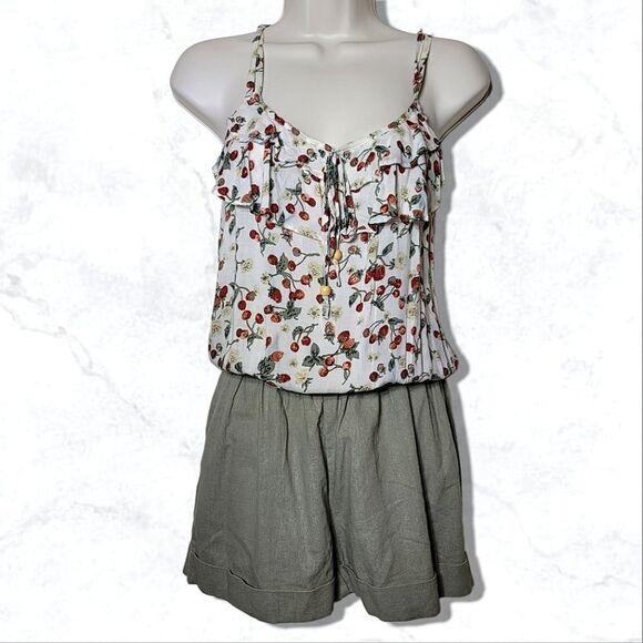 mine Pants - Mine Floral Strawberry Wide Leg Spaghetti Crisscross Strap Cottagecore Romper